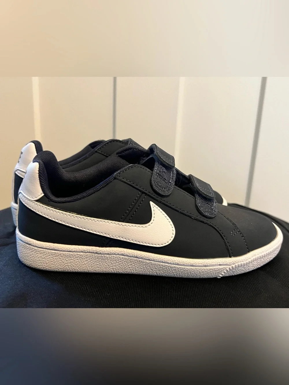 Nike Kids Black Sneakers with White Swoosh and Velcro Straps